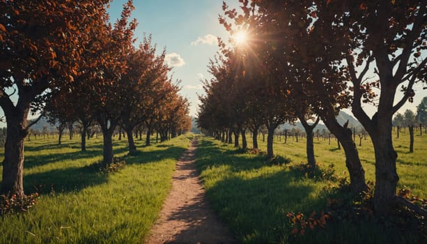 A path lined with trees leads to a distant point in a field. The sun shines through the branches, casting long shadows on the grass.