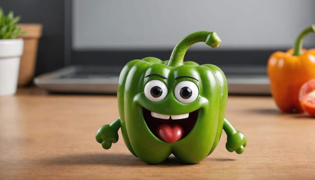 A green bell pepper with a cartoon face and arms smiles and sticks out its tongue. The pepper sits on a wooden table. Behind it is a laptop and a sliced orange bell pepper.