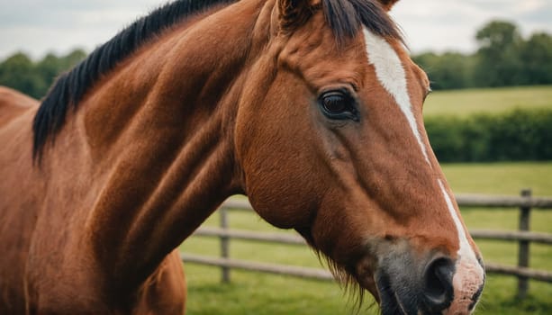 A brown horse with a white stripe down its face stands beside a wooden fence. The horse is looking to the right of the frame, and green grass is in the foreground.