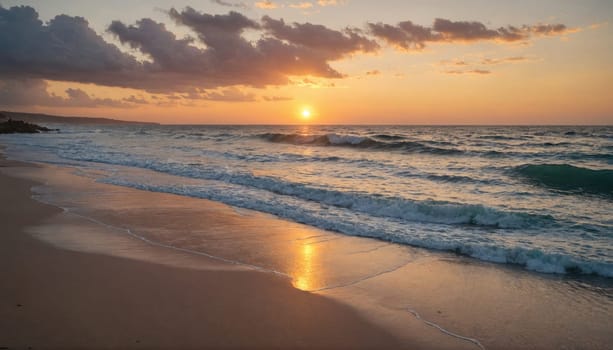 A beach scene with the sun setting over the ocean. The waves are crashing onto the shore, and the sand is glistening in the golden light.