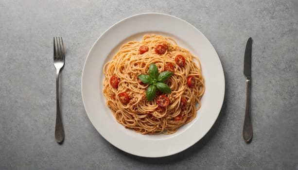 A white plate with a serving of spaghetti topped with cherry tomatoes and basil sits on a gray surface. A fork and a knife are placed on the surface, flanking the plate.