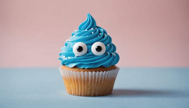 A blue cupcake with white frosting and googly eyes sits on a light blue surface with a pink background.