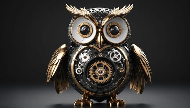 A metallic owl with intricate gears and cogs is displayed on a dark background. The owl is crafted in a steampunk style, with gold accents on its wings and body.