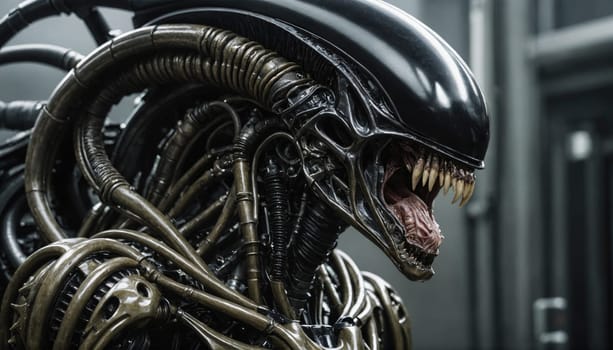 The Xenomorph, a fictional extraterrestrial creature known for its sharp teeth and menacing appearance, stands with its mouth open, revealing rows of sharp teeth and a menacing expression.