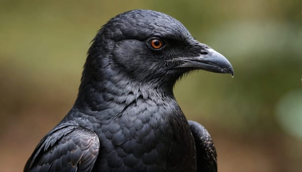 A black crow, with dark feathers and a sharp beak, is looking to the right. The background is out of focus and green. The crow appears to be perched on something, but this is not visible in the image.