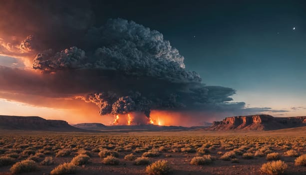 A large, dark cloud fills the sky above a wide, flat desert. The sun is setting behind the cloud, casting a warm orange glow on the landscape.