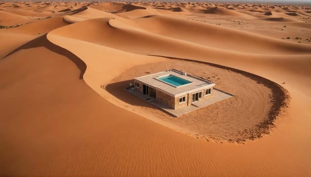 An aerial view of a small, single-story house with a rectangular pool on the roof. The house is built into a dip in a large sand dune.