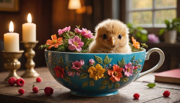 A fluffy chick sits inside a blue teacup decorated with floral patterns. The cup is resting on a wooden table with two lit candles, a book, and a few raspberries scattered around it.