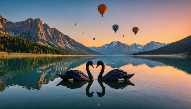 Two black swans with long, curved necks are swimming on a calm lake, their necks forming a heart shape.