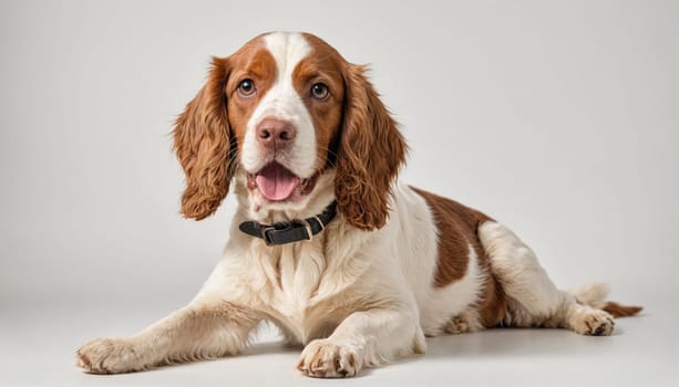 A white and brown dog with long brown ears is lying down and looking directly at the camera with its mouth slightly open. Its tongue is sticking out and it is wearing a black collar.