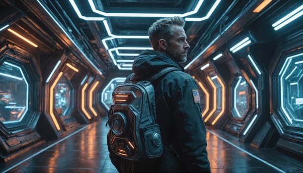 A man in a dark jacket walks through a corridor lined with octagonal windows and glowing orange and blue lights. The corridor appears to be a spaceship hallway with a sleek, metallic design.