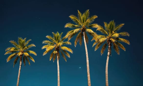 A low-angle shot of four palm trees with their trunks reaching toward a dark blue sky, dotted with stars. The leaves of the trees are a vibrant yellow-green and are silhouetted against the sky.