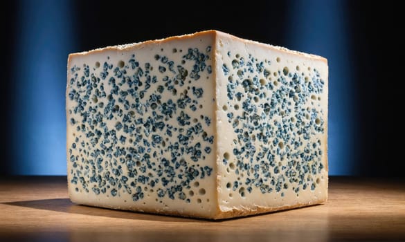 A large block of blue cheese is shown on a wooden surface. It has blue veins throughout and looks quite aged.