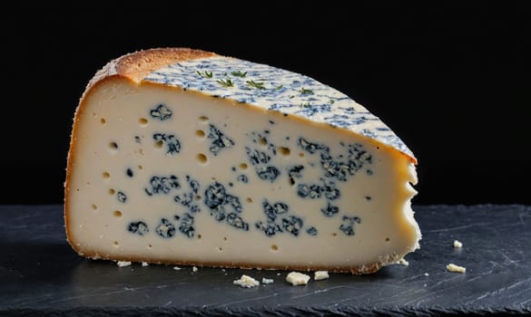 A wedge of blue cheese, with a distinct blue and white marbled pattern, sits on a dark slate board. The cheese is slightly angled and has a small bite taken out of it.