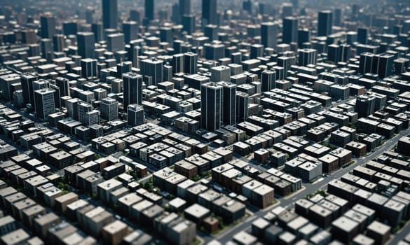 This is a birds-eye view of a city filled with buildings, roads, and streets. The image shows the complexity and density of urban life.