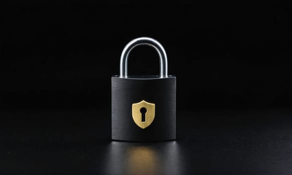 A black padlock with a gold shield sits on a dark surface. The padlock is closed and the shield is centered on the front of the padlock. The background is dark.