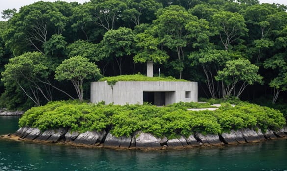 A concrete house with a grass roof is situated on a small island. The island is surrounded by a body of water and a dense forest.