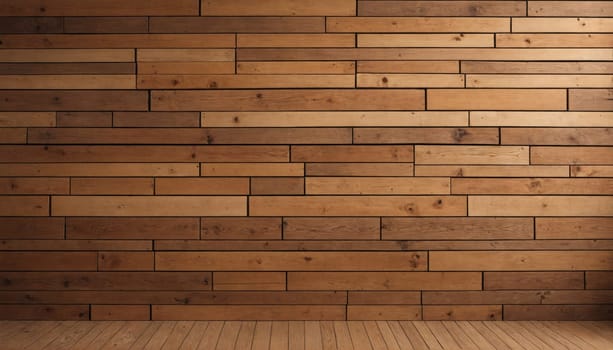 A wall composed of horizontal wood planks with various shades of brown. The planks are arranged in a staggered pattern. The floor is also made of wood.