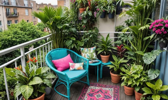 A teal wicker chair with pink and patterned cushions is placed on a balcony surrounded by potted plants. The balcony floor is wooden and covered with a red rug.