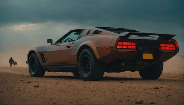 A brown sports car with large rear taillights drives across a sandy road. In the distance, a person and their dog walk away from the car. The sky above is overcast with clouds.