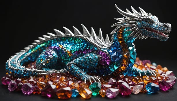 A detailed figurine of a dragon is depicted, its scales and claws encrusted with colorful gemstones. It rests on a bed of assorted gems in a variety of colors, including ruby, emerald, and sapphire.
