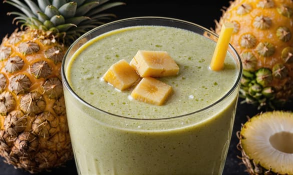 A glass of green smoothie topped with chunks of pineapple. A whole pineapple and a slice of pineapple are visible in the background.