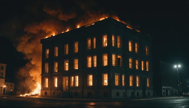 A building on fire with flames and smoke coming from the windows and roof. The building is dark and the only light is coming from the fire.