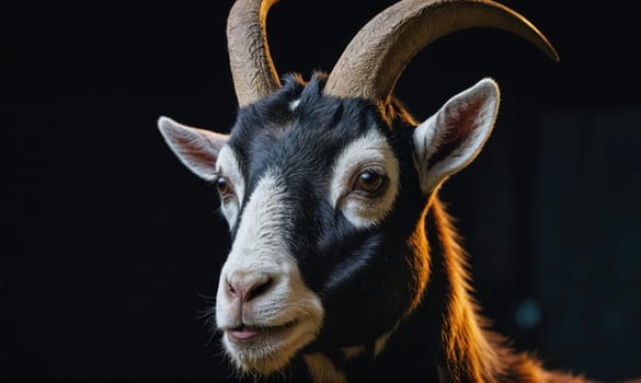 A black and white goat with long, curved horns looks intently at the camera. The goat's fur is soft and fluffy, and its eyes are bright and alert.