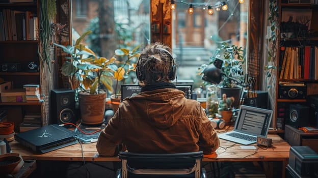 a young man working on his laptop at home to finish all his chores.