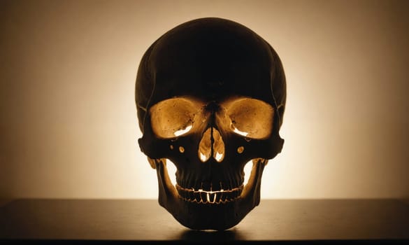 A human skull rests on a table, illuminated from behind by a warm light. The skull's eye sockets and teeth are visible. The background is a soft, warm color.