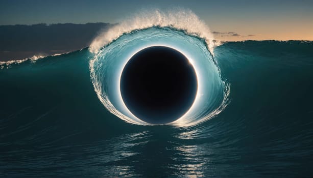 A large, powerful wave breaks in the ocean, creating a dark, circular shape in the center of the wave as the sun rises on the horizon.
