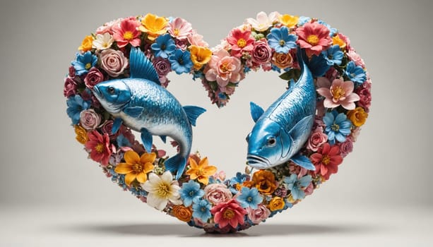 Two blue fish are positioned opposite each other within a heart-shaped wreath constructed entirely of flowers.