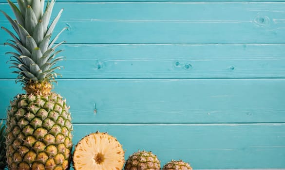 A whole pineapple with green leaves sits next to a sliced pineapple and two small pineapples against a blue wooden backdrop.