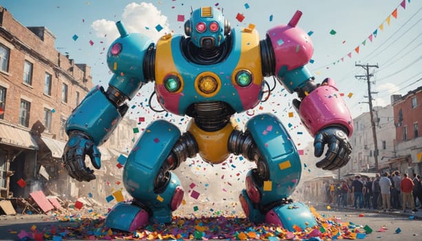 A large, colorful robot walks through a city street. It is wearing a pink, yellow, and blue suit of armor. Confetti falls from the sky, covering the street in a colorful layer.