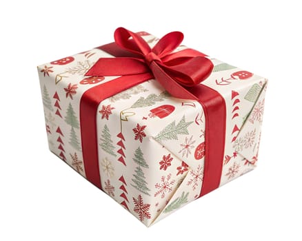 White gift box with red ribbon and bow isolated on white background. Present box for Christmas or New Year. Ai