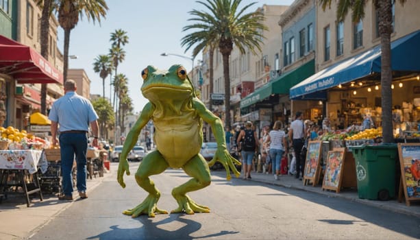 A green frog statue stands in the middle of a city street. There are people walking by in the background and a produce stand with fruit on display. Palm trees line the street.