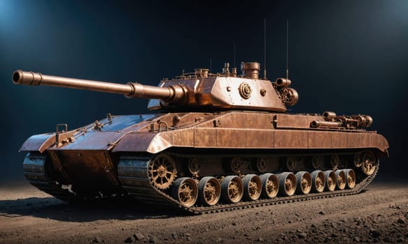A large tank with a long barrel sits on a dirt track. The tank is made of metal and has a dark brown color. The tank is facing to the left, and its barrel is pointing straight ahead.
