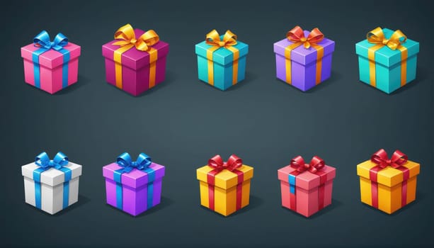 Ten wrapped presents in various colors and ribbon combinations are displayed in two rows on a dark blue background.
