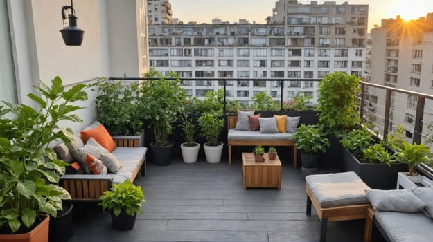 A rooftop patio with gray lounge furniture, potted plants, and an outdoor table with a view of the city in the background.