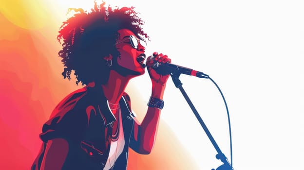 A rock singer sings on stage with a microphone on a white background. A singer with a microphone highlighted on a white background.