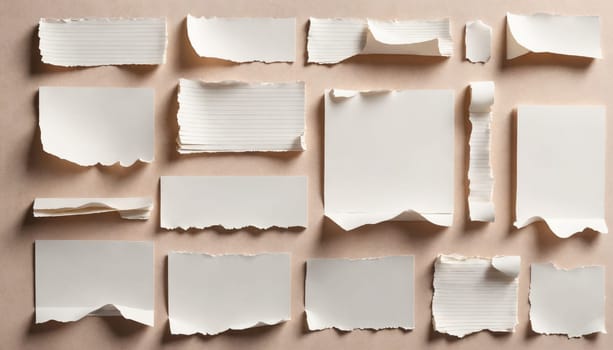 A flat lay of torn white pieces of paper, some with lines, on a light brown background.