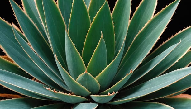 A close-up image captures the intricate detail of an agave plant's leaves. The sharp, green leaves radiate outwards from the center, showcasing the plant's unique texture and form.