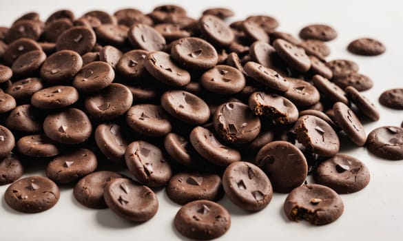 A close-up shot of a pile of dark chocolate discs. The discs are slightly irregular in shape and have a slightly grainy texture. Some of the discs have a small bite taken out of them.