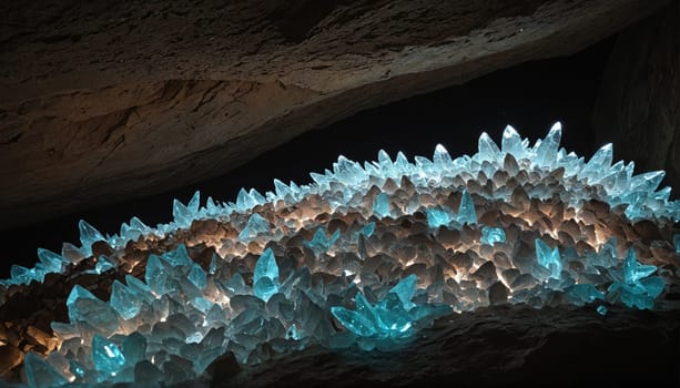 A cavern filled with pointed blue crystals. Light illuminates the crystals, making them glow.