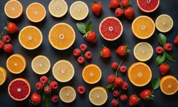 Sliced citrus fruits, including oranges, lemons, and grapefruits, are arranged on a black surface, interspersed with strawberries and raspberries.