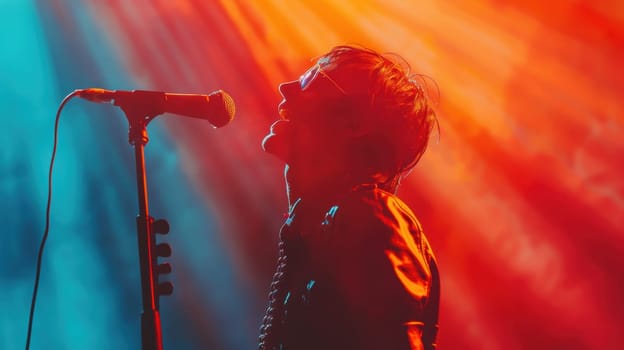A rock singer singing on stage with a microphone. The musician performs on stage.