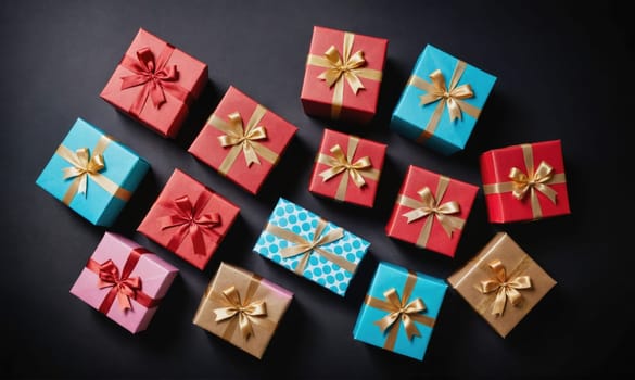 A flat lay of 12 wrapped presents in red, blue, gold, and pink. Each gift has a bow and a gold ribbon. They are arranged in a random pattern on a dark background.