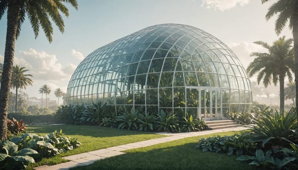A large, glass-enclosed dome stands in a lush tropical garden. Tall palm trees surround the dome, their fronds reaching towards the sky.