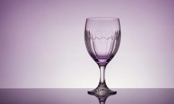 A clear glass with a stem and a wide bowl sits on a reflective, purple surface. The background is a light lavender shade.