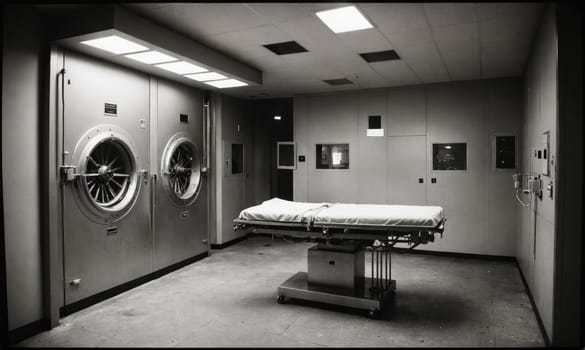 A room with an empty medical examination table in the center. Large vents, similar to those found in laundry rooms, are situated on the left-hand side of the room.